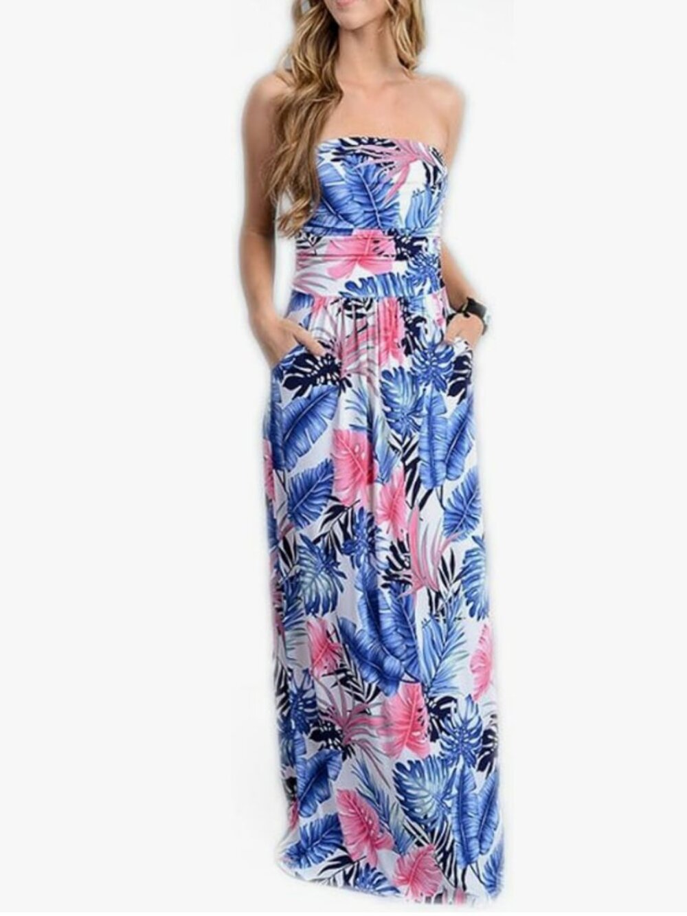 Tropical Strapless Dress with Pockets